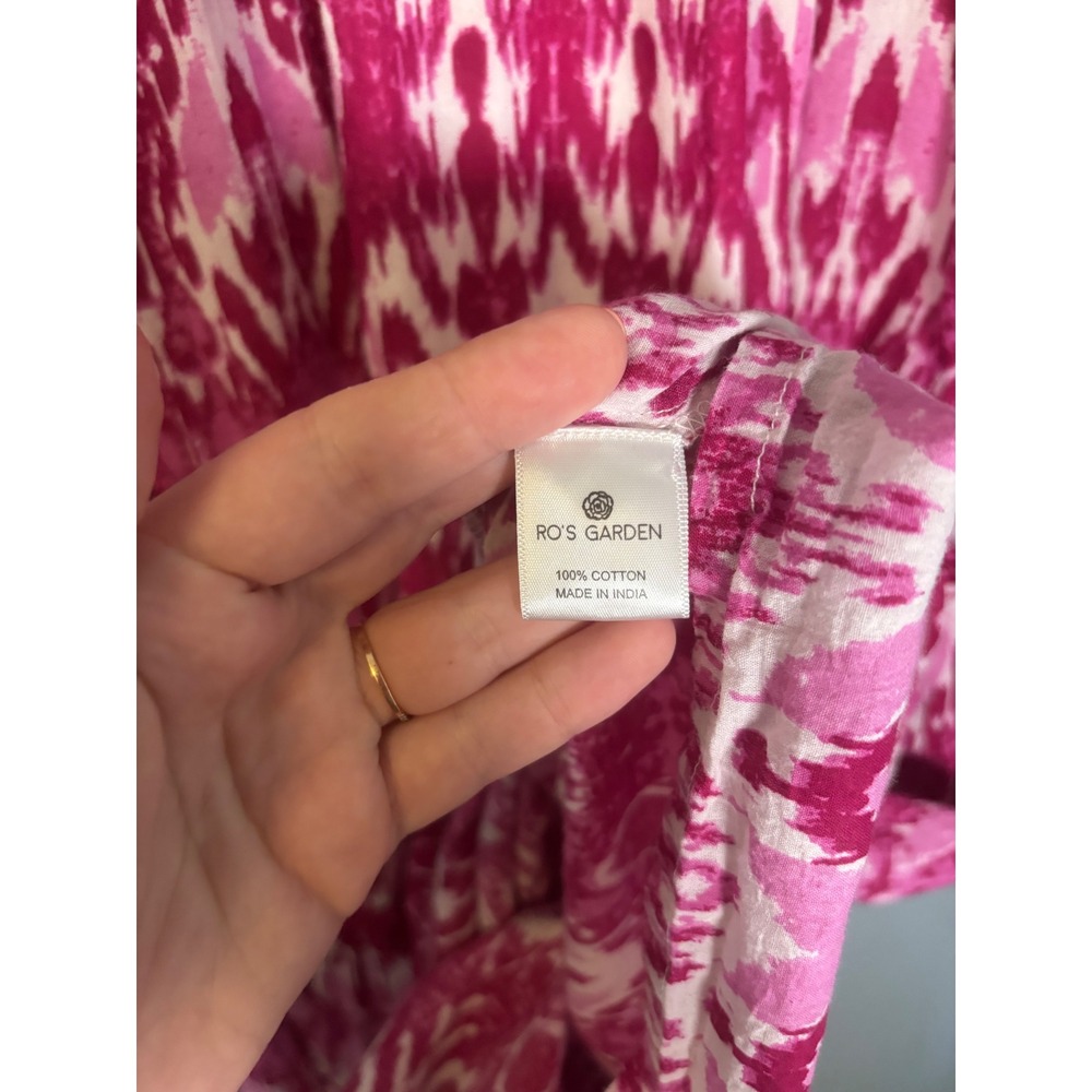 Ros's Garden Pink Ikat Cotton Ruffle Maxi Dress Sleeveless V-Neck XS Boho Tiered - Picture 9 of 9